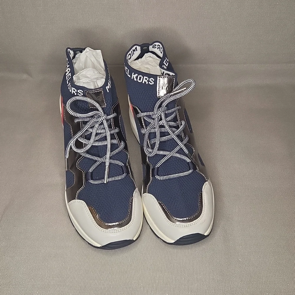 NWOT Michael Kors Hilda Knit & Leather Sock Wedge Heel Lace Up Trainers Sneakers - Picture 2 of 5